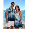 Tie Dye Palm Tree Print V Neck Hawaii Vacation And Short Sleeve Shirt Matching Outfit - Bleu S | US 4