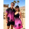 Vacation Couple Outfit Ombre Coconut Tree Seagulls Pattern Spaghetti Strap V Neck A Line Mini Tank Dress and Roll Up Sleeve Shirt Beach Matching Outfit