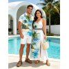 Vacation Couple Outfit Beach Coconut Tree Print Slit Dress and Shirt Set - Bleu Ciel S | US 4