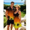 Vacation Couple Outfit Ombre Coconut Tree Seagulls Pattern Spaghetti Strap V Neck A Line Mini Tank Dress and Roll Up Sleeve Shirt Beach Matching Outfit