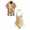 Hawaiian Couple Outfit Solid Color Jacquard Lace Tied High Cut Briefs Halter Tankini Swimsuit and Colorblock Floral Leaf Print Shirt Set - LIGHT YELLOW S | US 4