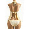 Hawaiian Couple Outfit Solid Color Jacquard Lace Tied High Cut Briefs Halter Tankini Swimsuit and Colorblock Floral Leaf Print Shirt Set - LIGHT YELLOW S | US 4