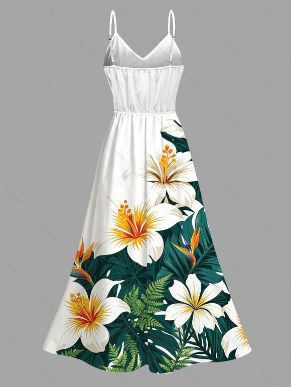 Hawaiian Vacation Dress Tropical Hibiscus Floral Leaf Print Lace Hollow Out Slit Dress - Émeraude XXXXXL | US 20