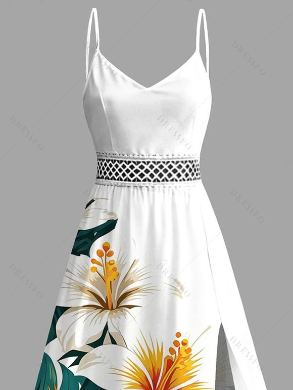 Hawaiian Vacation Dress Tropical Hibiscus Floral Leaf Print Lace Hollow Out Slit Dress - Émeraude XXXXXL | US 20