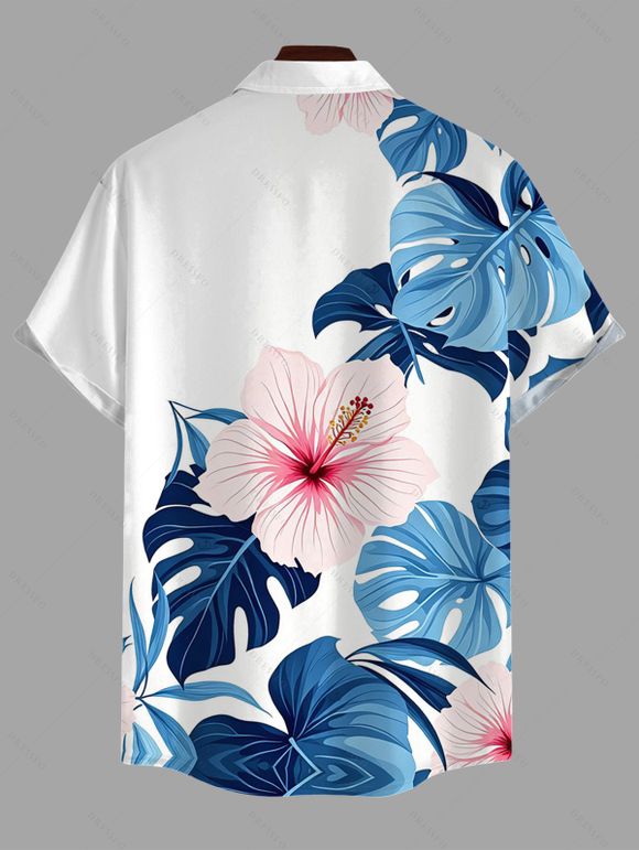 Men's Hawaiian Shirt Hibiscus Floral Monstera Leaf Print Button Up Shirt - Bleu Ciel 5XL