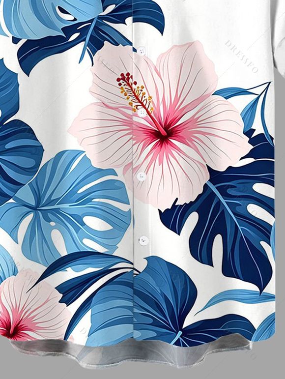 Men's Hawaiian Shirt Hibiscus Floral Monstera Leaf Print Button Up Shirt - Bleu Ciel 5XL