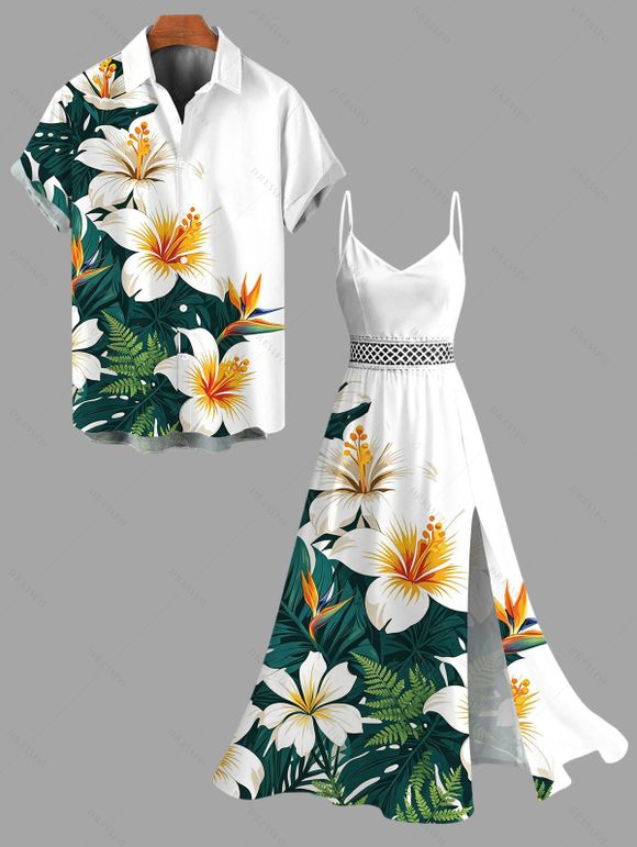 Hawaiian Vacation Couple Outfit Tropical Hibiscus Floral Leaf Print Lace Hollow Out Slit Dress and Shirt Set - Émeraude S | US 4