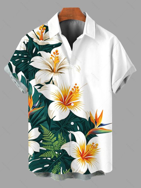 Hawaiian Vacation Couple Outfit Tropical Hibiscus Floral Leaf Print Lace Hollow Out Slit Dress and Shirt Set - Émeraude S | US 4