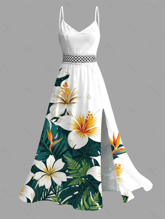 Hawaiian Vacation Couple Outfit Tropical Hibiscus Floral Leaf Print Lace Hollow Out Slit Dress and Shirt Set - Émeraude S | US 4