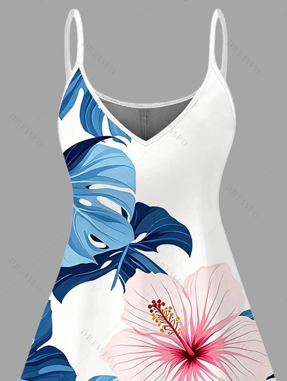 Hawaiian Vacation Dress Hibiscus Floral Monstera Leaf Print Spaghetti Strap Mini Dress - Bleu Ciel XXXXXL | US 20