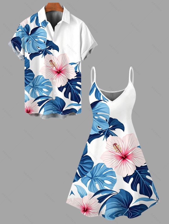 Hawaiian Vacation Couple Outfit Hibiscus Floral Monstera Leaf Print Spaghetti Strap Dress and Shirt Set - Bleu Ciel S | US 4