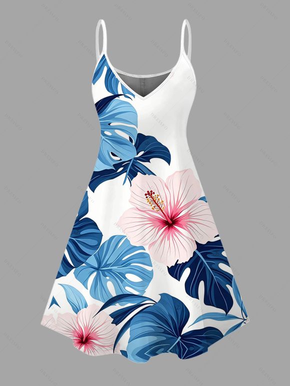 Hawaiian Vacation Couple Outfit Hibiscus Floral Monstera Leaf Print Spaghetti Strap Dress and Shirt Set - Bleu Ciel S | US 4