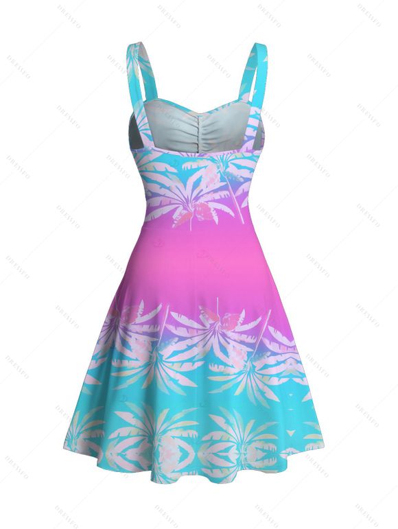 Beach Vacation Dress Ombre Tropical Coconut Tree Print Ruched Bust Mini Dress - Rose Vif XXXXXL | US 20