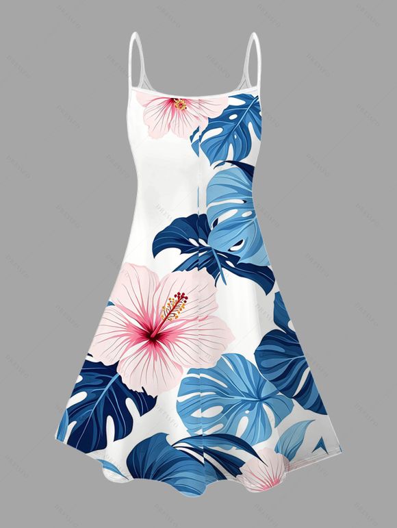 Hawaiian Vacation Couple Outfit Hibiscus Floral Monstera Leaf Print Spaghetti Strap Dress and Shirt Set - Bleu Ciel S | US 4