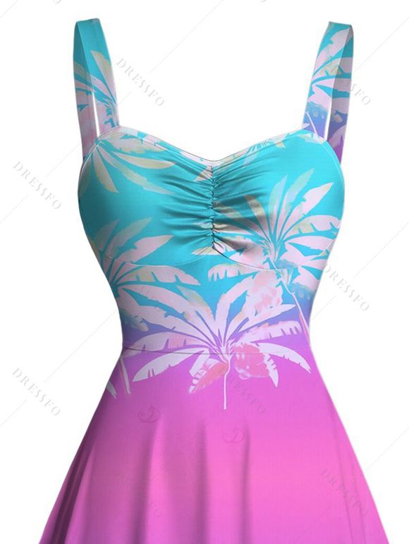 Beach Vacation Dress Ombre Tropical Coconut Tree Print Ruched Bust Mini Dress - Rose Vif XXXXXL | US 20