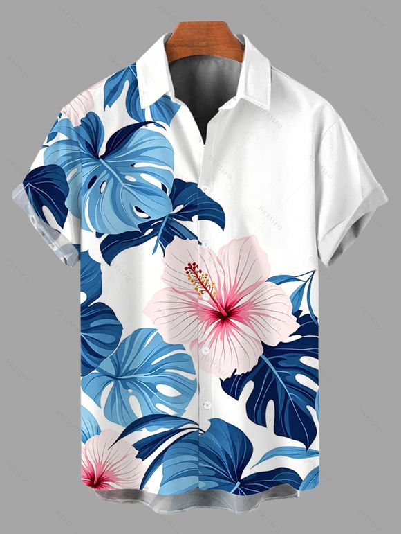 Hawaiian Vacation Couple Outfit Hibiscus Floral Monstera Leaf Print Spaghetti Strap Dress and Shirt Set - Bleu Ciel S | US 4