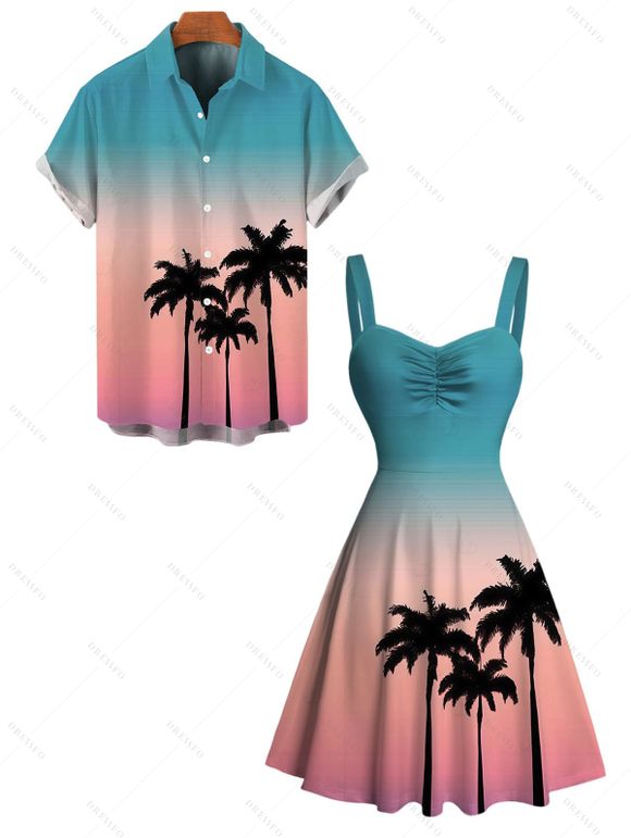 Hawaiian Couple Outfit Ombre Coconut Tree Print Ruched Bust Mini Dress and Shirt Vacation Set - multicolor S | US 4