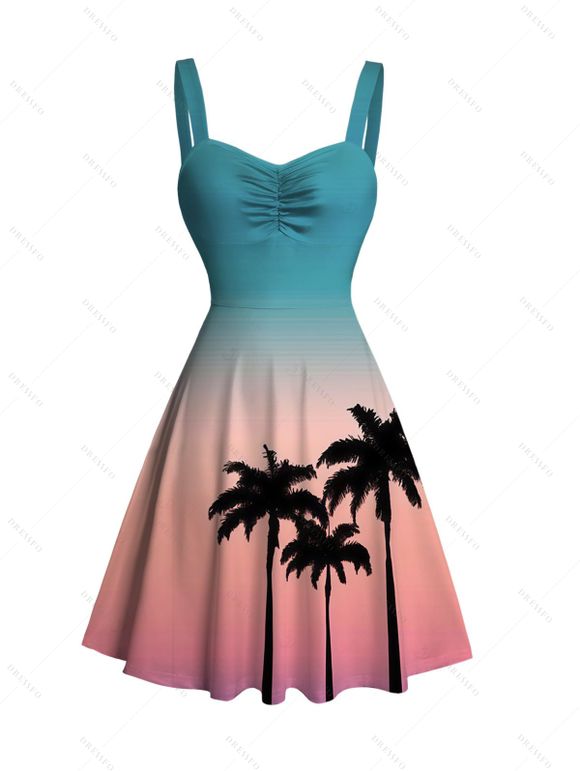 Hawaiian Couple Outfit Ombre Coconut Tree Print Ruched Bust Mini Dress and Shirt Vacation Set - multicolor S | US 4