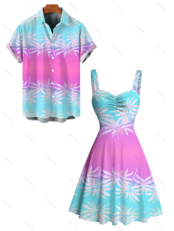 Beach Vacation Couple Outfit Ombre Tropical Coconut Tree Print Ruched Bust Mini Dress and Shirt Set - Rose S | US 4