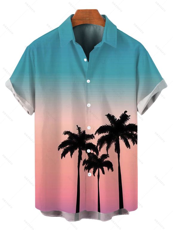Hawaiian Couple Outfit Ombre Coconut Tree Print Ruched Bust Mini Dress and Shirt Vacation Set - multicolor S | US 4