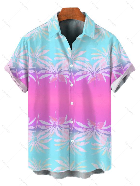 Beach Vacation Couple Outfit Ombre Tropical Coconut Tree Print Ruched Bust Mini Dress and Shirt Set - Rose S | US 4