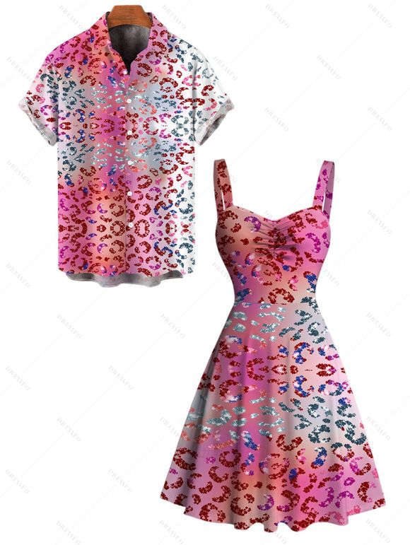 Vacation Couple Outfit Ombre Sequined Leopard Print Ruched Bust Mini Dress and Shirt Set - Léopard S | US 4
