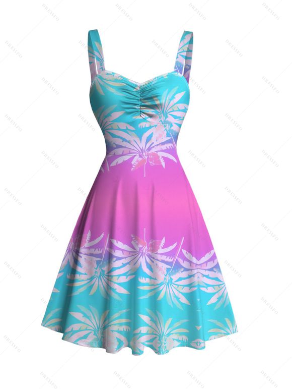 Beach Vacation Couple Outfit Ombre Tropical Coconut Tree Print Ruched Bust Mini Dress and Shirt Set - Rose S | US 4