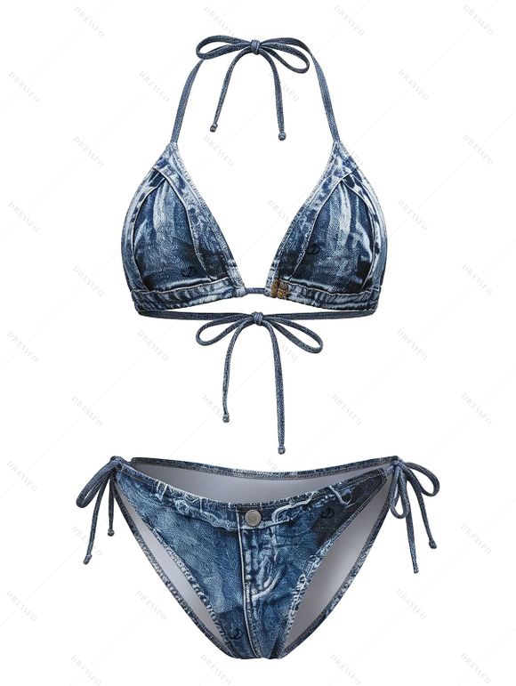 Vacation Bikini Swimsuit 3D Faux Denim Print Tied High Cut Halter Beach Swimwear Set - Bleu profond XL | US 10