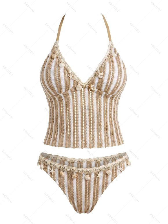 Beach Tankini Swimsuit Striped Print Textured Shell Decor Halter Vacation Swimwear Set - café lumière XL | US 10