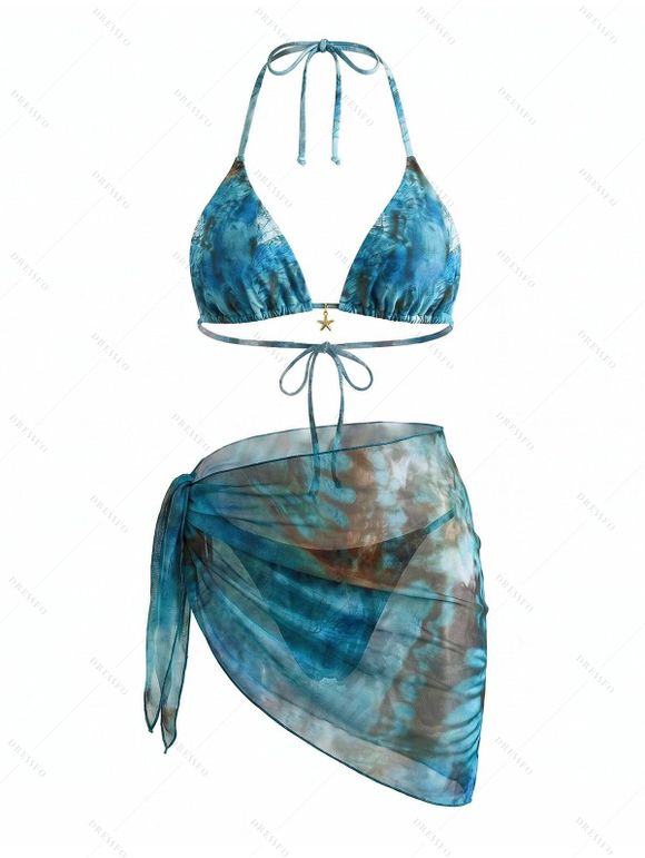 3 pcs Vacation Bikini Swimsuit Vintage Marble Print High Cut Briefs Tied Skirt Halter Swimwear Set - Paon Bleu XL | US 10