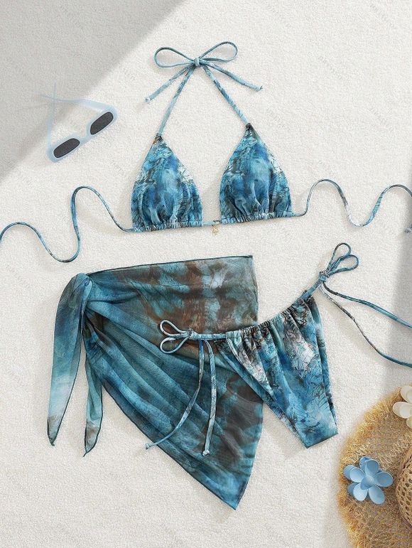 3 pcs Vacation Bikini Swimsuit Vintage Marble Print High Cut Briefs Tied Skirt Halter Swimwear Set - Paon Bleu XL | US 10