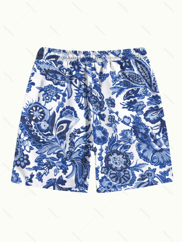Men's Vacation Beach Shorts Vintage Porcelain Floral Leaf Print Drawstring Shorts - Bleu profond 5XL