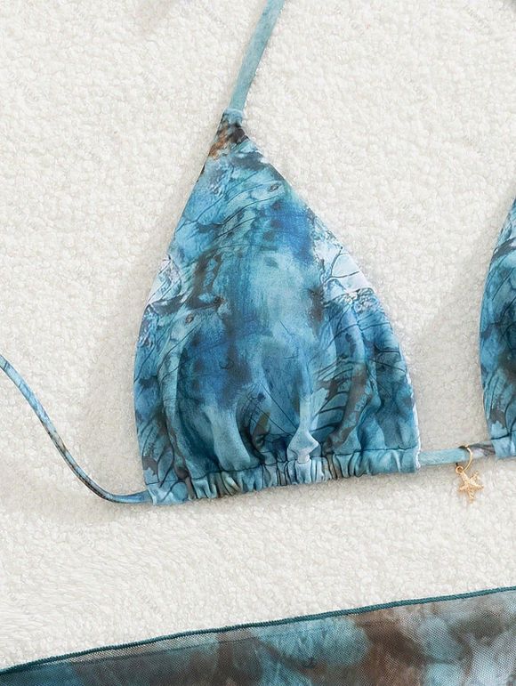 3 pcs Vacation Bikini Swimsuit Vintage Marble Print High Cut Briefs Tied Skirt Halter Swimwear Set - Paon Bleu XL | US 10