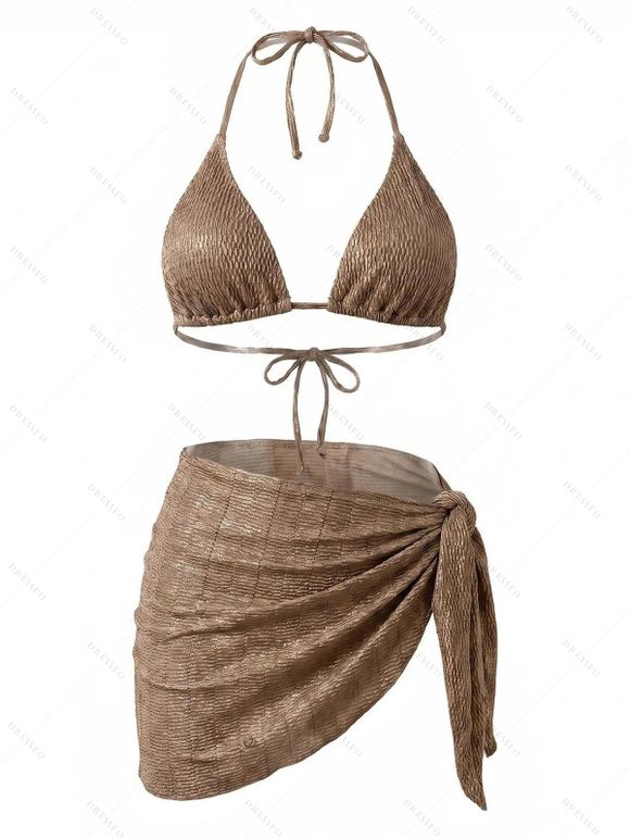3 pcs Beach Bikini Swimsuit Solid Color Striped Textured High Cut Briefs Tied Skirt Halter Swimwear Set - marron foncé XL | US 10