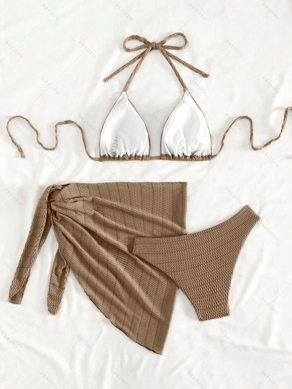 3 pcs Beach Bikini Swimsuit Solid Color Striped Textured High Cut Briefs Tied Skirt Halter Swimwear Set - marron foncé XL | US 10