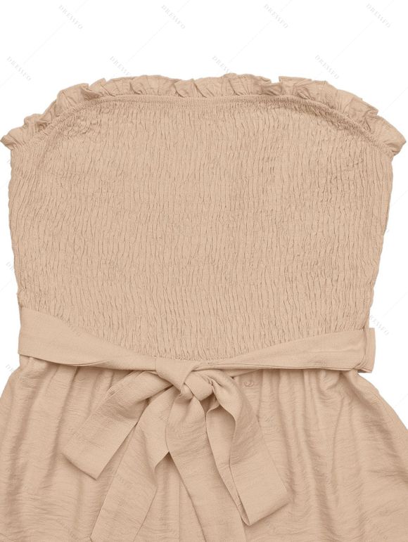 Vacation Romper Solid Color Smocked Ruffle Off the Shoulder Belt Romper - café lumière XXL | US 12