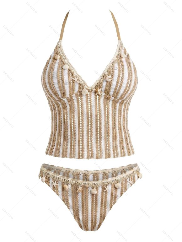 Hawaiian Vacation Couple Outfit Striped Print Textured Shell Decor Halter Tankini Swimsuit and Hollow Out Shirt Set - café lumière S | US 4