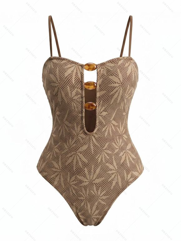 Bohemian One-piece Swimsuit Textured Leaf Print Cut Out Spaghetti Strap Beach Swimwear - marron foncé XL | US 10