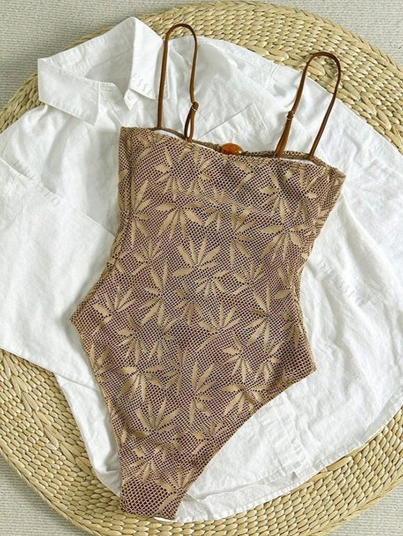 Bohemian One-piece Swimsuit Textured Leaf Print Cut Out Spaghetti Strap Beach Swimwear - marron foncé XL | US 10