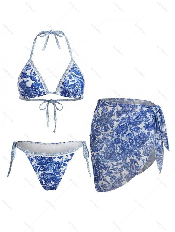 3 pcs Beach Bikini Swimsuit Vintage Floral Leaf Print Tied High Cut Briefs Skirt Halter Swimwear Set - Bleu profond M | US 6