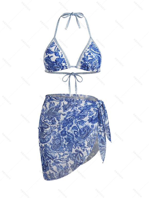 3 pcs Beach Bikini Swimsuit Vintage Floral Leaf Print Tied High Cut Briefs Skirt Halter Swimwear Set - Bleu profond M | US 6