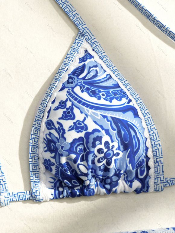 3 pcs Beach Bikini Swimsuit Vintage Floral Leaf Print Tied High Cut Briefs Skirt Halter Swimwear Set - Bleu profond M | US 6