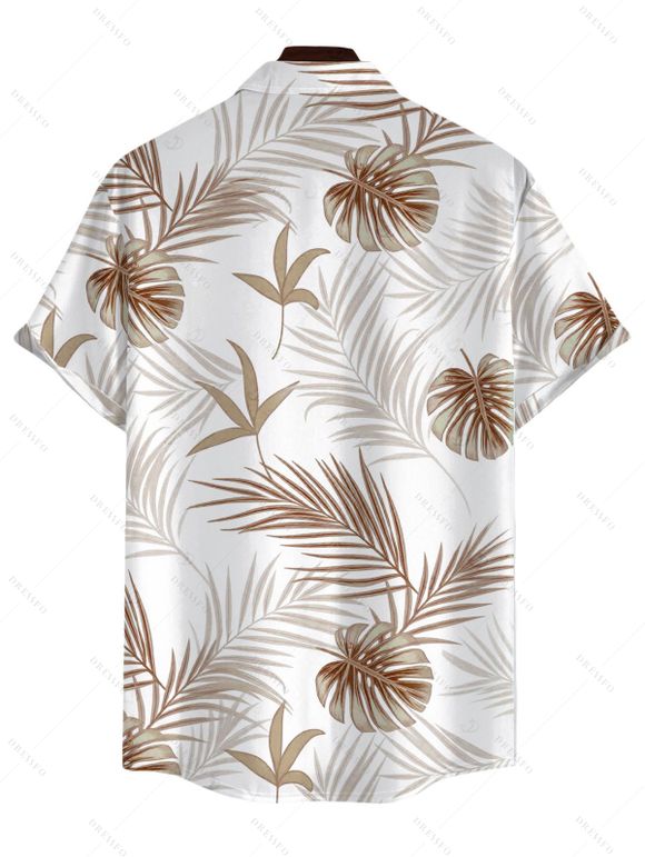 Vacation Couple Outfit Solid Color Smocked Ruffle Off the Shoulder Belt Romper and Tropical Botanical Leaf Print Shirt Set - café lumière S | US 4