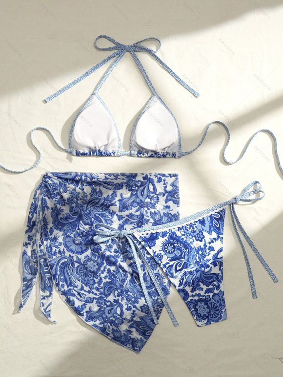 3 pcs Beach Bikini Swimsuit Vintage Floral Leaf Print Tied High Cut Briefs Skirt Halter Swimwear Set - Bleu profond M | US 6