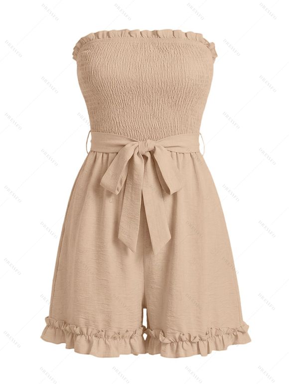 Vacation Couple Outfit Solid Color Smocked Ruffle Off the Shoulder Belt Romper and Tropical Botanical Leaf Print Shirt Set - café lumière S | US 4