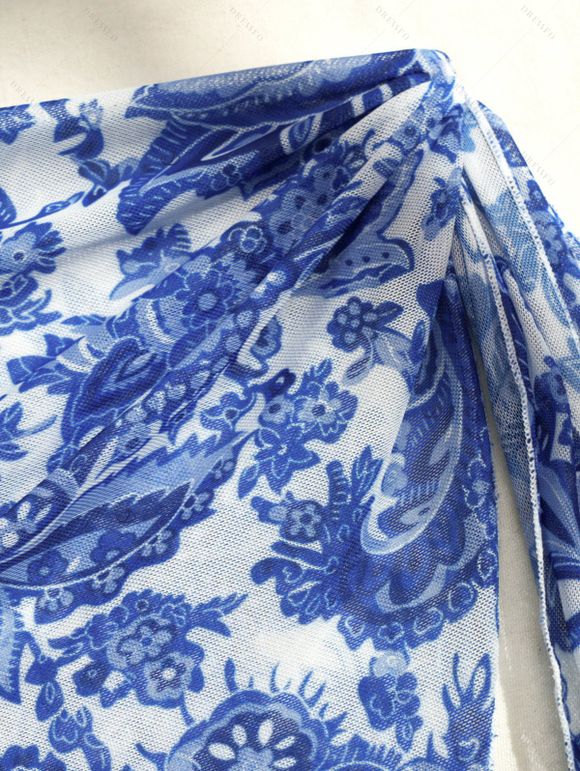 3 pcs Beach Bikini Swimsuit Vintage Floral Leaf Print Tied High Cut Briefs Skirt Halter Swimwear Set - Bleu profond M | US 6