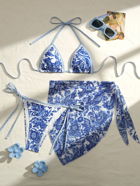 3 pcs Beach Bikini Swimsuit Vintage Floral Leaf Print Tied High Cut Briefs Skirt Halter Swimwear Set - Bleu profond M | US 6