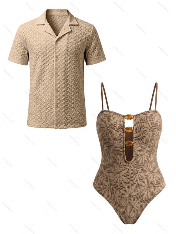 Hawaiian Vacation Couple Outfit Textured Leaf Print Cut Out One-piece Swimsuit and Zig Zag Hollow Out Shirt Set - marron foncé S | US 4