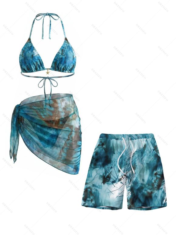 Hawaiian Vacation Couple Outfit Marble Print Tied Skirt Halter Bikini Swimsuit and Tie Dye Drawstring Shorts - Paon Bleu S | US 4
