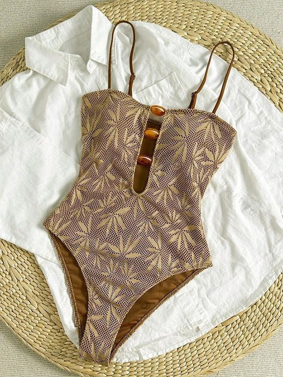 Hawaiian Vacation Couple Outfit Textured Leaf Print Cut Out One-piece Swimsuit and Zig Zag Hollow Out Shirt Set - marron foncé S | US 4